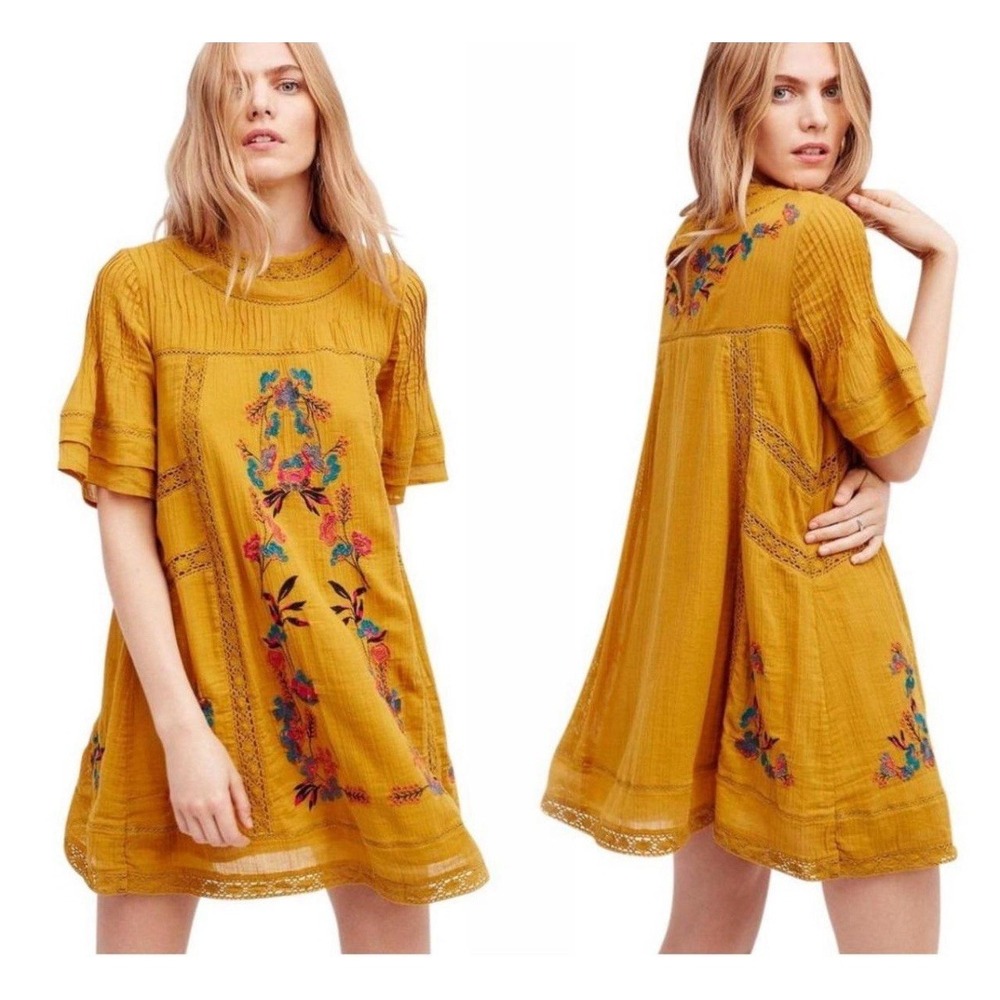 Free People Mustard Yellow Perfectly Victorian Embroidered Mini Dress Boho M